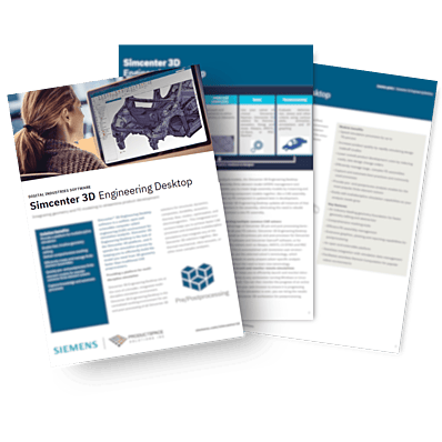 A photorealistic rendering of a three-page Siemens and ProductSpace whitepaper spread, highlighting Simcenter 3D Engineering Desktop with a woman analyzing CAD data on a monitor.